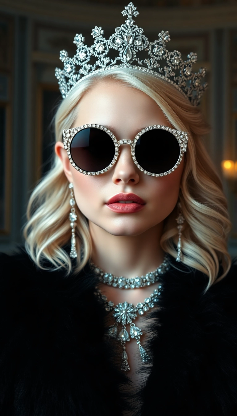iPhone AI Young Platinum Blonde Queen in Black Fur Gorgeous Wallpaper Photo